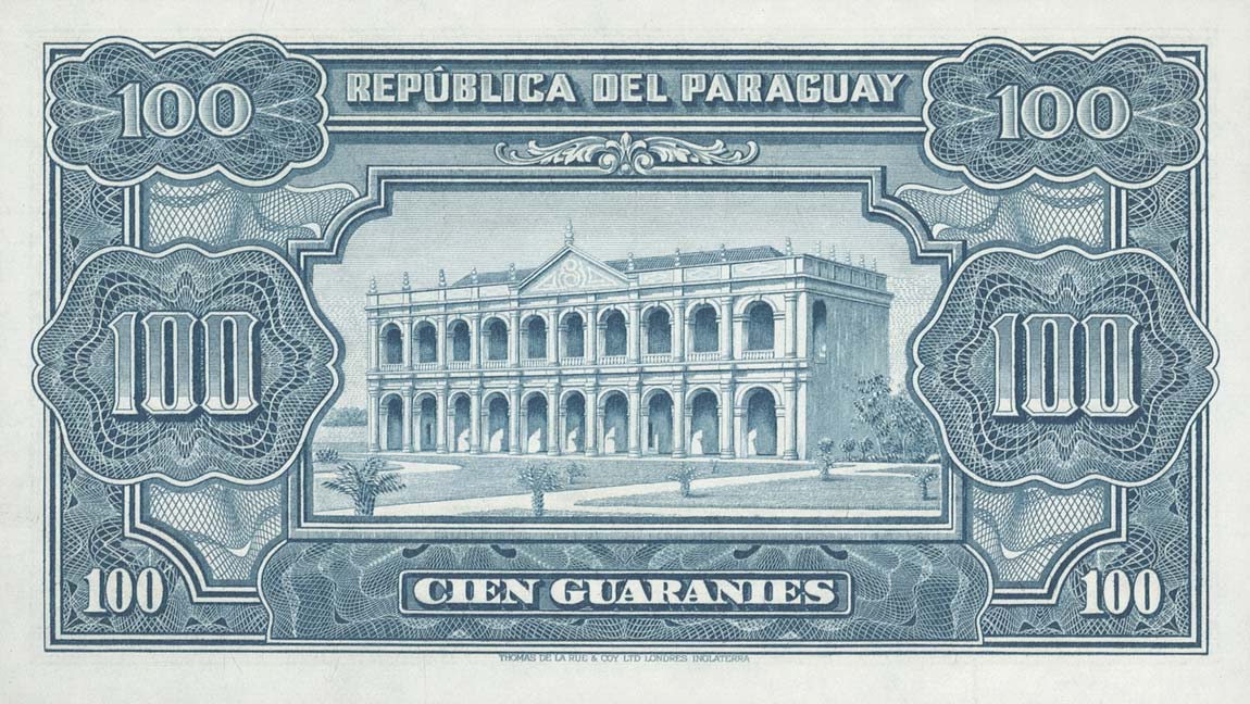Back of Paraguay p189b: 100 Guaranies from 1952