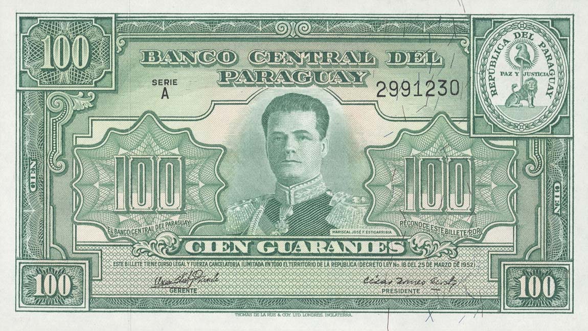 Front of Paraguay p189b: 100 Guaranies from 1952