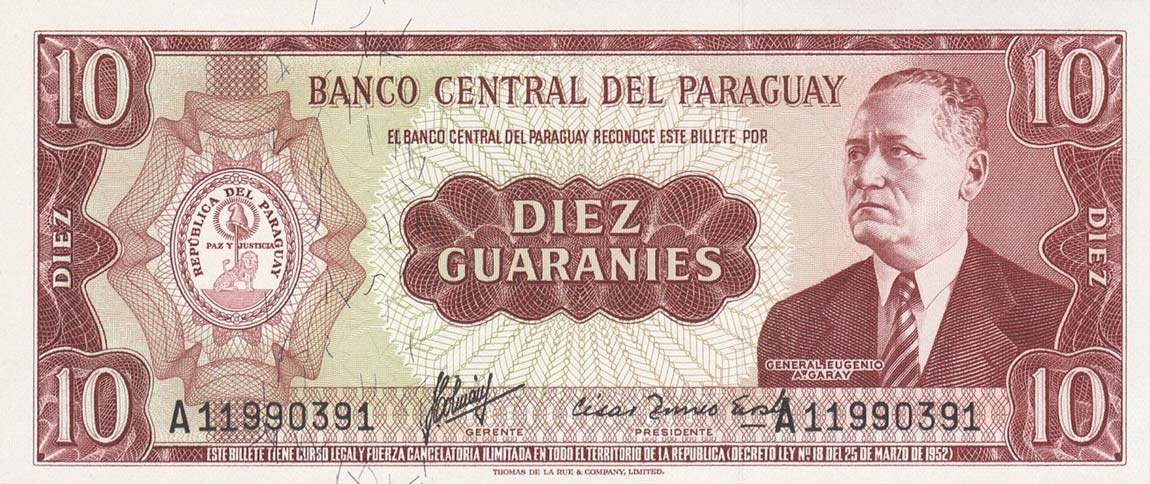 Front of Paraguay p196a: 10 Guarani from 1952