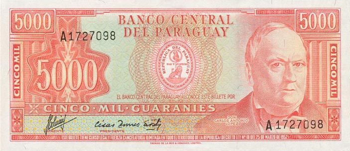 Front of Paraguay p202b: 5000 Guarani from 1952