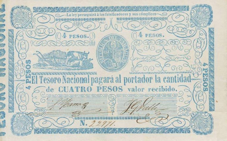 Front of Paraguay p24: 4 Pesos from 1865
