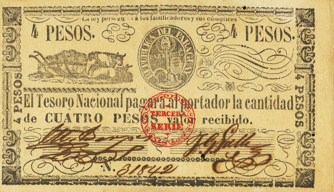 Front of Paraguay p32: 4 Pesos from 1868