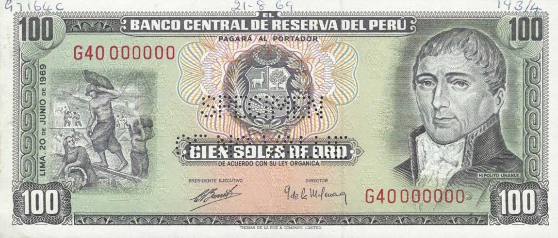 Front of Peru p102s: 100 Soles de Oro from 1969