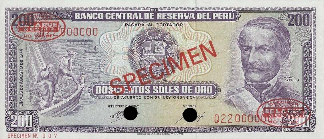 Front of Peru p103s: 200 Soles de Oro from 1969