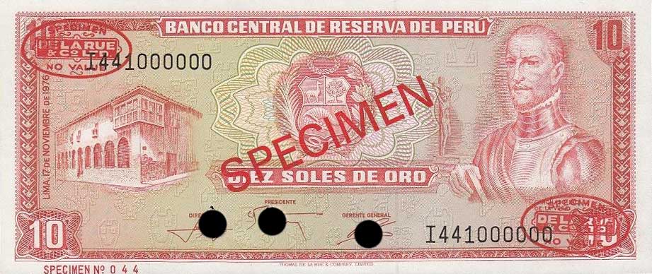 Front of Peru p112s: 10 Soles de Oro from 1976