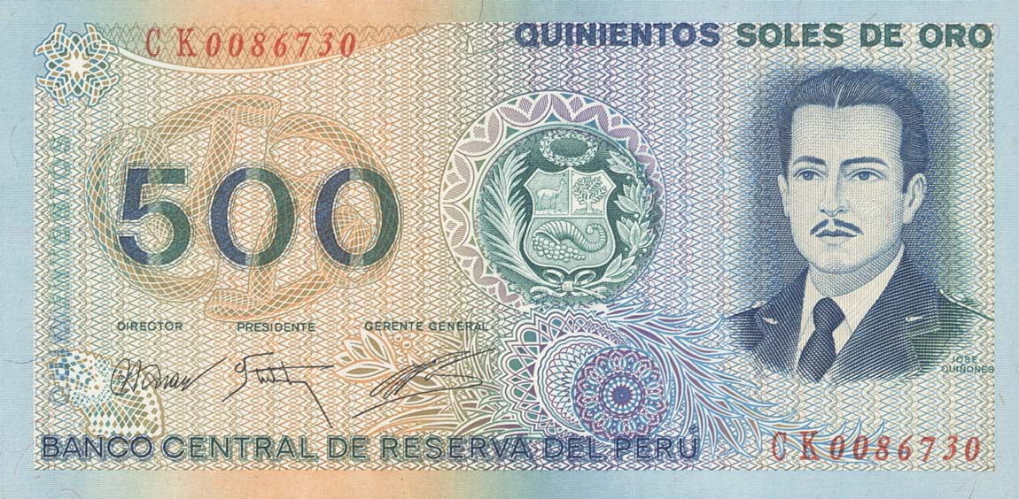 Front of Peru p115: 500 Soles de Oro from 1976
