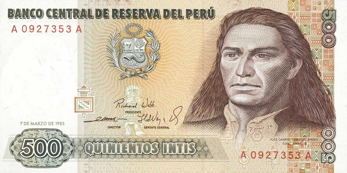 Front of Peru p134a: 500 Intis from 1985
