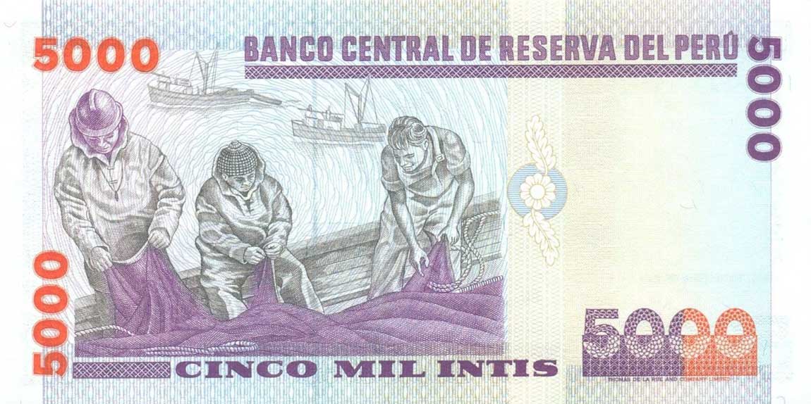 Back of Peru p139: 5000 Intis from 1988