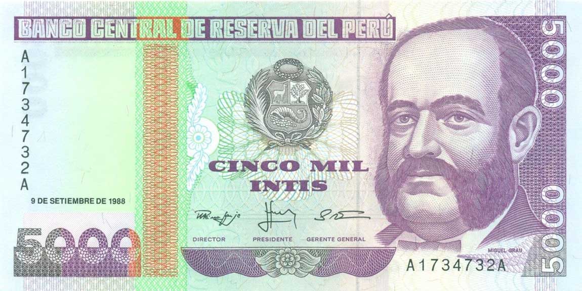 Front of Peru p139: 5000 Intis from 1988