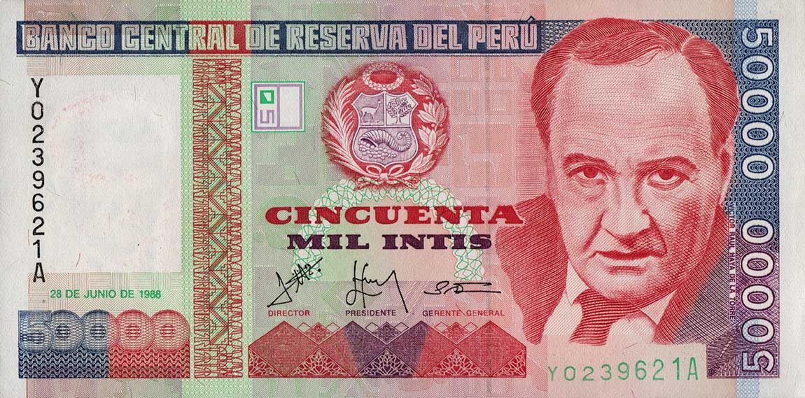 Front of Peru p142r: 50000 Intis from 1988