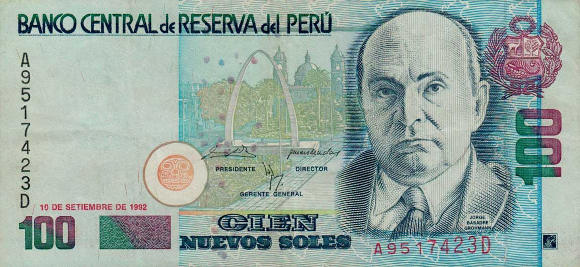 Front of Peru p155b: 100 Nuevos Soles from 1992