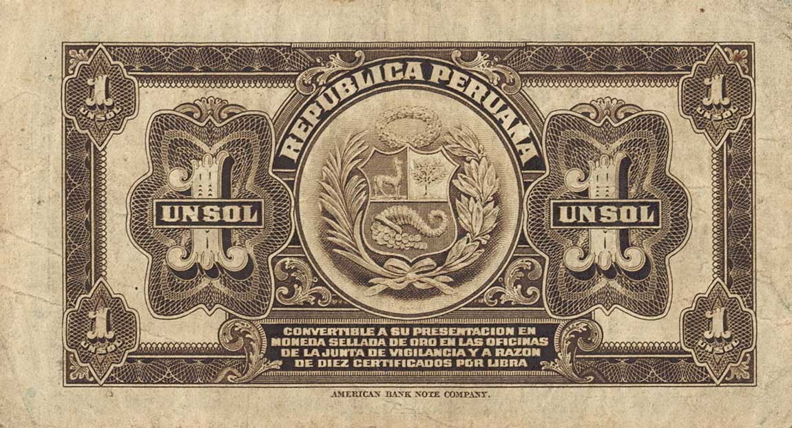 Back of Peru p31a: 1 Sol from 1917