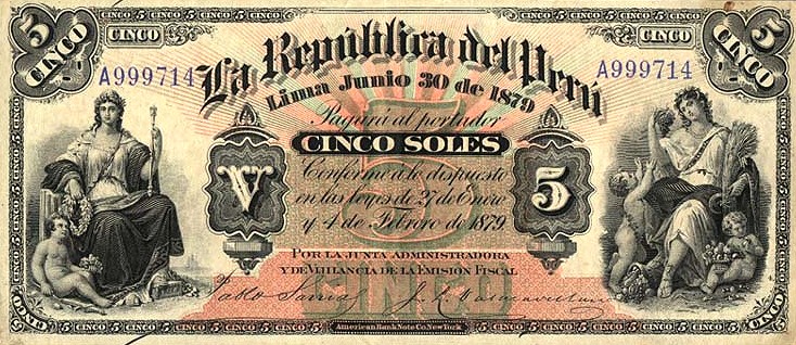 Front of Peru p4: 5 Soles from 1879