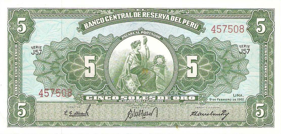 Front of Peru p83a: 5 Soles de Oro from 1962