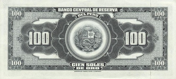 Back of Peru p90a: 100 Soles de Oro from 1962