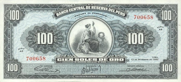 Front of Peru p90a: 100 Soles de Oro from 1962