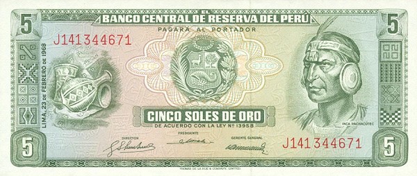 Front of Peru p92a: 5 Soles de Oro from 1968