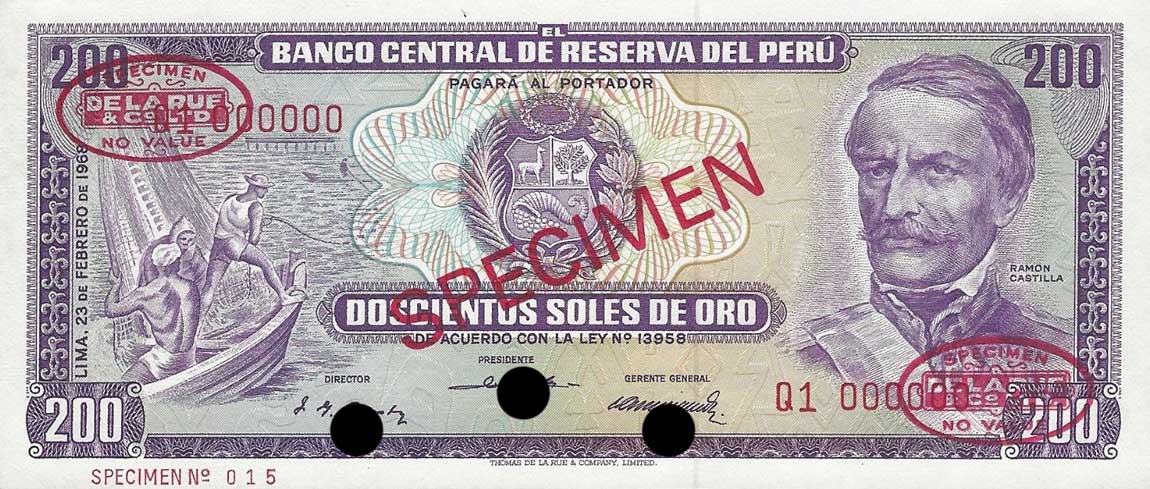 Front of Peru p96s: 200 Soles de Oro from 1968