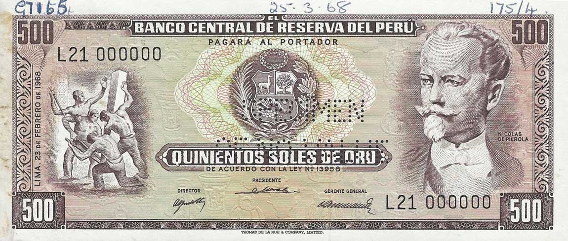 Front of Peru p97s: 500 Soles de Oro from 1968