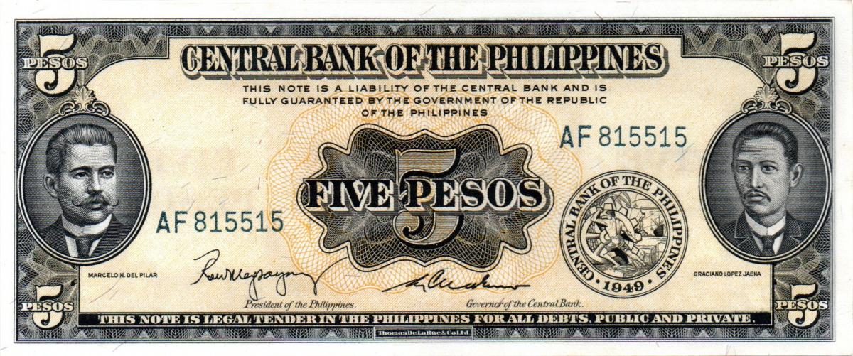Front of Philippines p135b: 5 Pesos from 1949