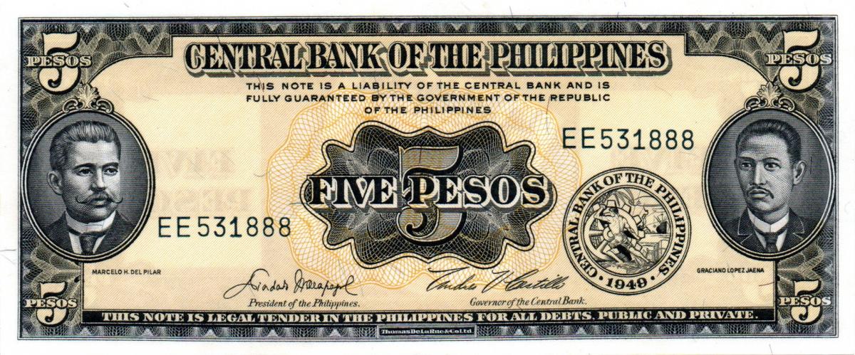 Front of Philippines p135e: 5 Pesos from 1949