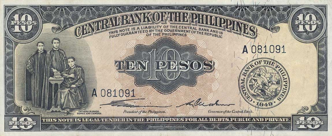 Front of Philippines p136a: 10 Pesos from 1949