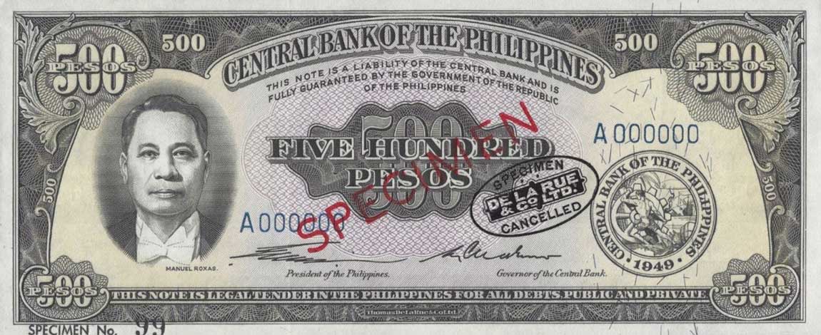 Front of Philippines p141s: 500 Pesos from 1949