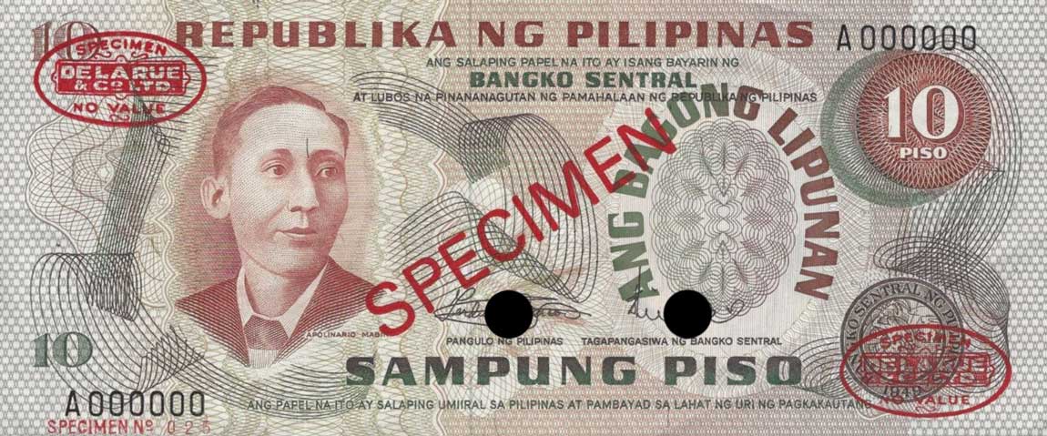 Front of Philippines p154s2: 10 Piso from 1970