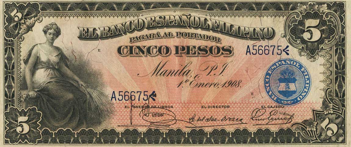 Front of Philippines p1: 5 Pesos from 1908