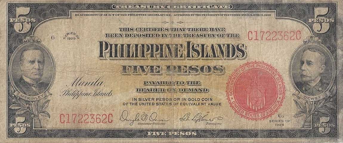 Front of Philippines p75: 5 Pesos from 1929