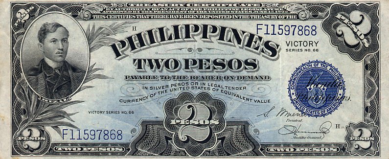 Front of Philippines p95a: 2 Pesos from 1944
