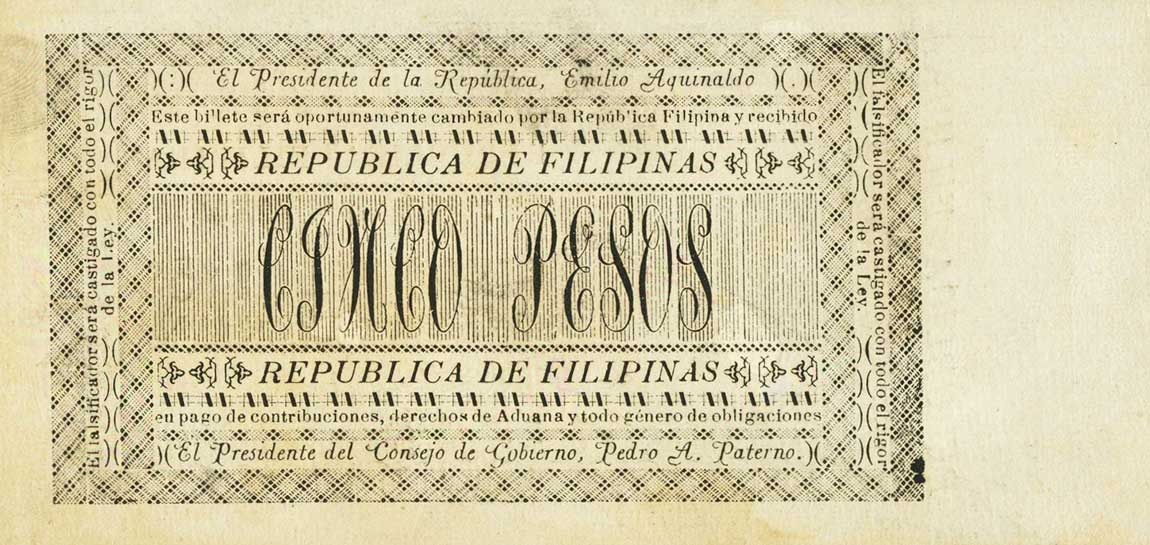 Back of Philippines pA27r: 5 Pesos from 1898