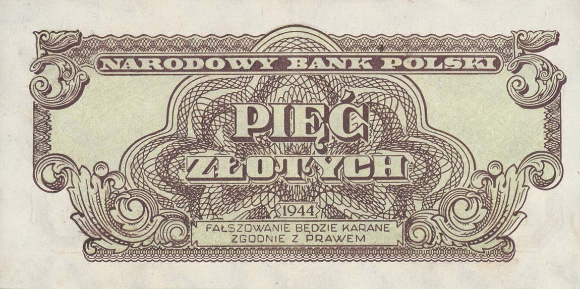 Back of Poland p109a: 5 Zlotych from 1944