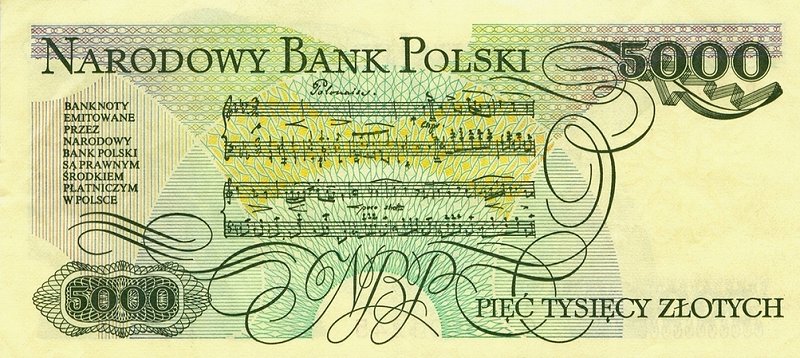 Back of Poland p150c: 5000 Zlotych from 1988