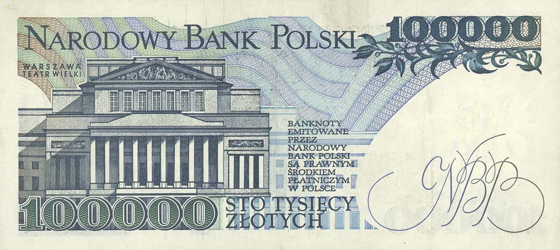 Back of Poland p154a: 100000 Zlotych from 1990