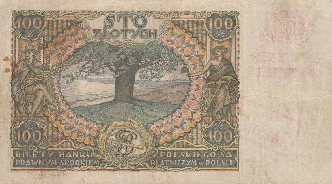 Back of Poland p89: 100 Zlotych from 1939