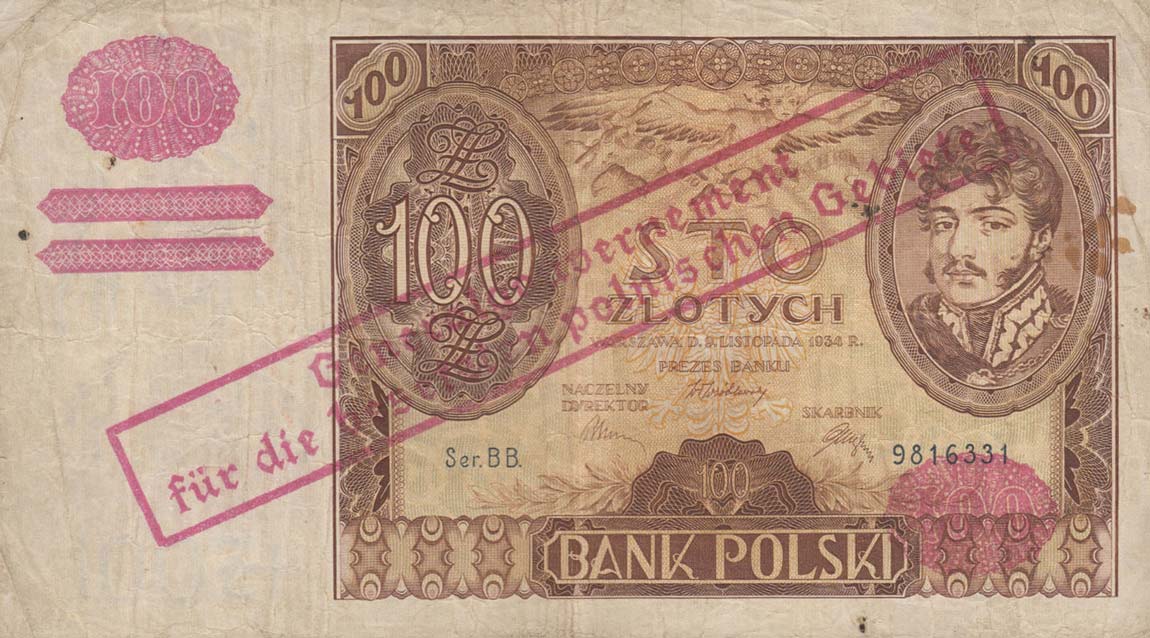 Front of Poland p89: 100 Zlotych from 1939