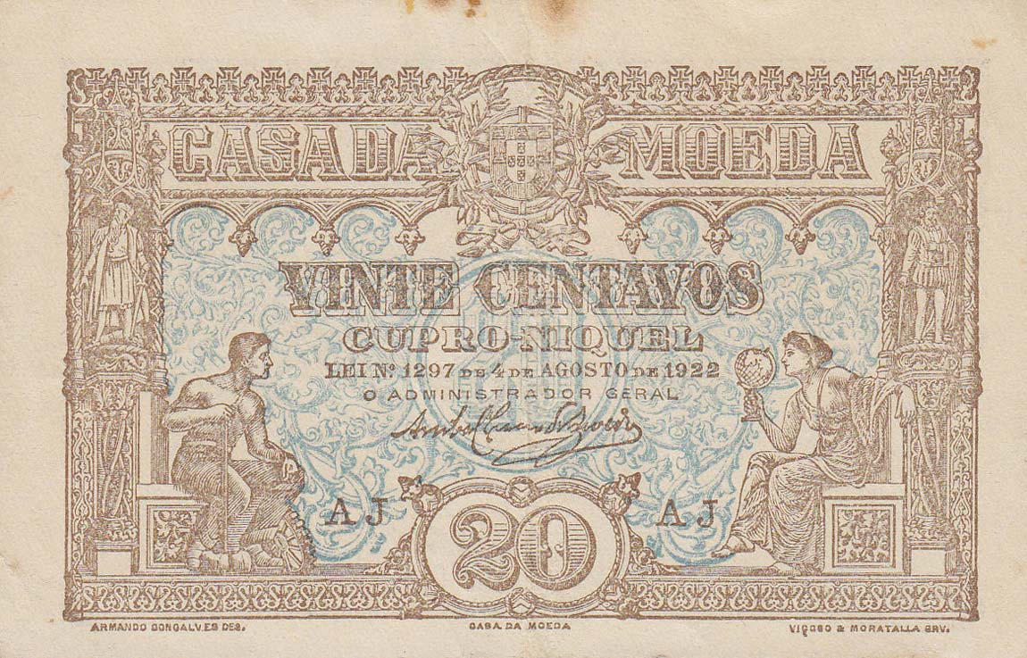 Front of Portugal p100: 20 Centavos from 1922
