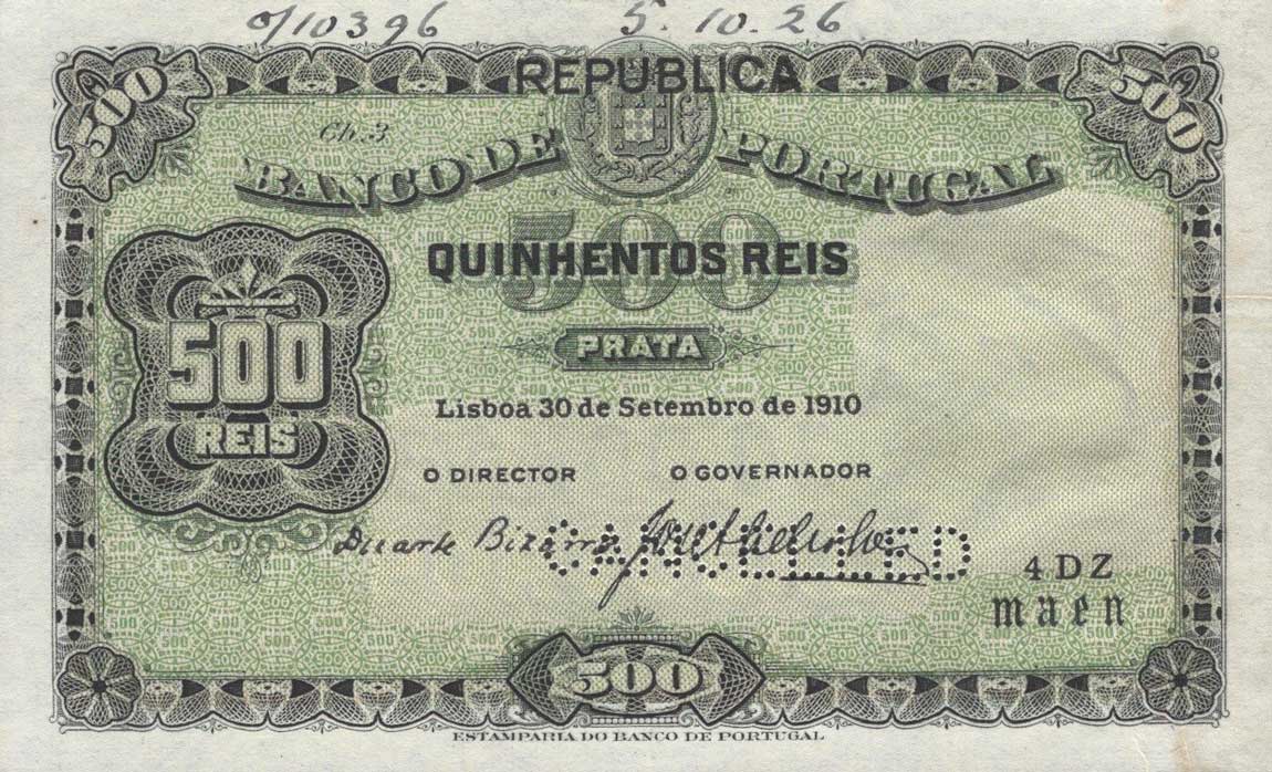 Front of Portugal p105s: 500 Reis from 1917