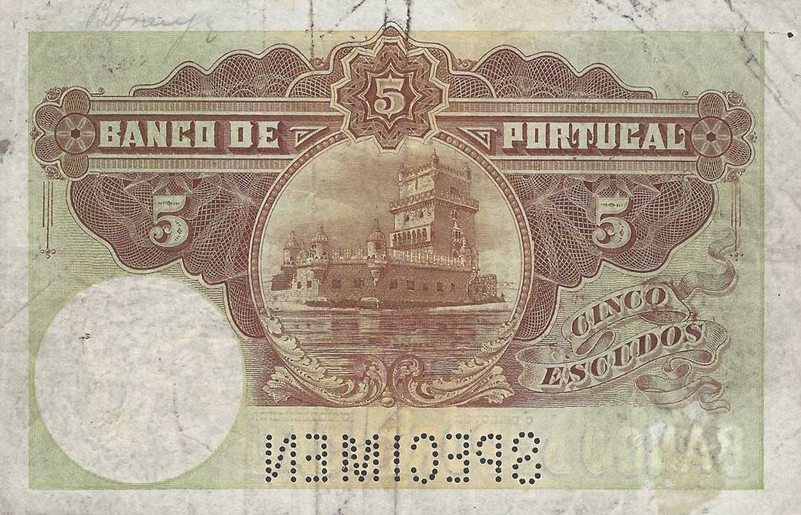 Back of Portugal p114s: 5 Escudos from 1913