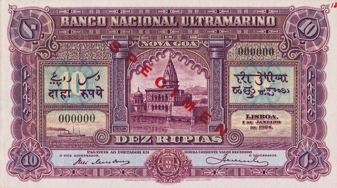 Front of Portuguese India p26s: 10 Rupia from 1924