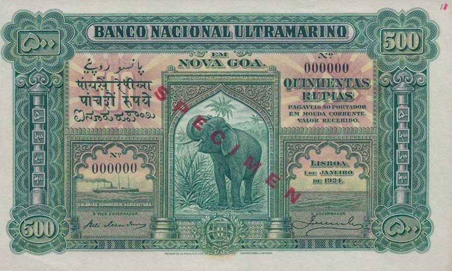 Front of Portuguese India p30ct: 500 Rupia from 1924