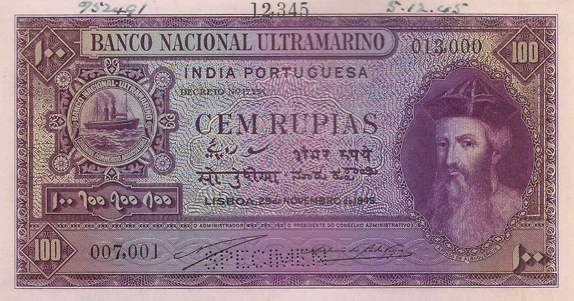 Front of Portuguese India p39s: 100 Rupia from 1945