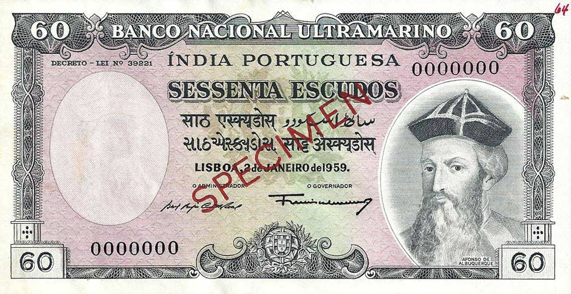 Front of Portuguese India p42s: 60 Escudos from 1959