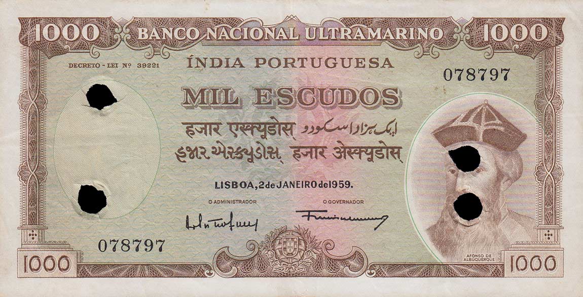 Front of Portuguese India p46x: 1000 Escudos from 1959