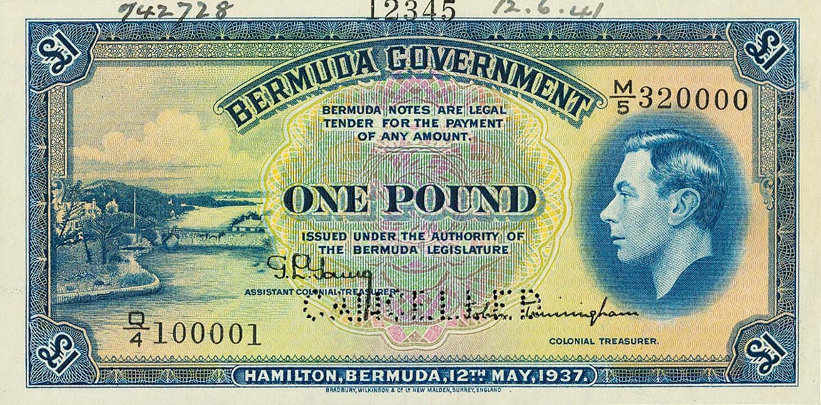 Front of Bermuda p11s: 1 Pound from 1937