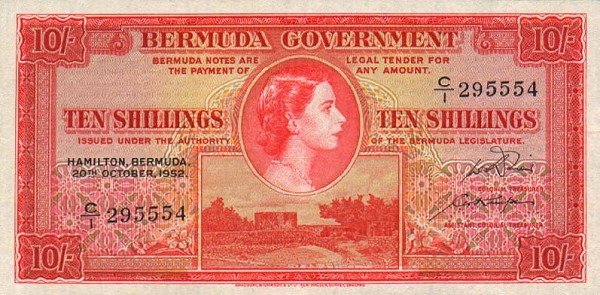 Front of Bermuda p19a: 10 Shillings from 1952