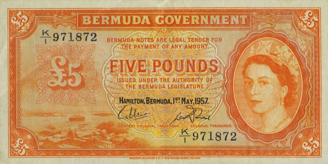 Front of Bermuda p21b: 5 Pounds from 1957