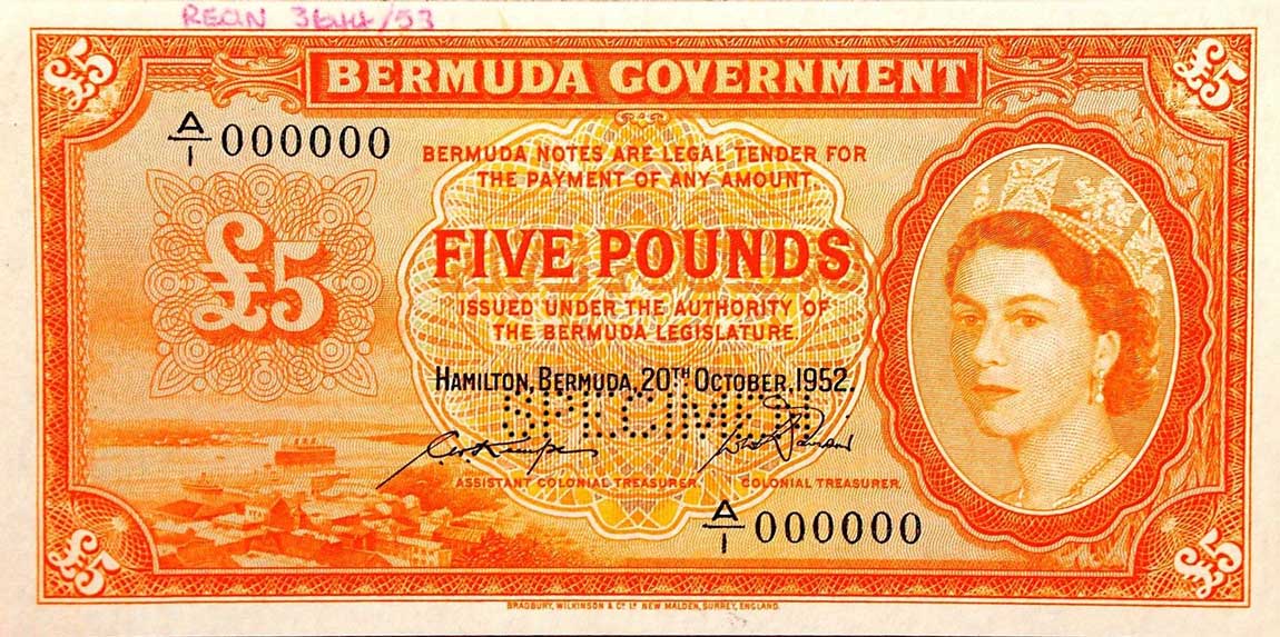 Front of Bermuda p21s: 5 Pounds from 1952