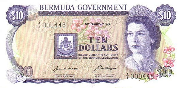 Front of Bermuda p25a: 10 Dollars from 1970